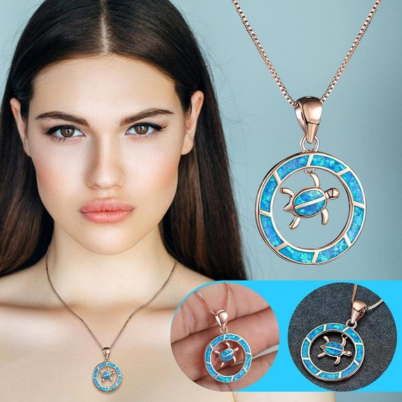 Blue Opal Sea Turtle Circle Rose Gold Necklace - Picture 6 of 7